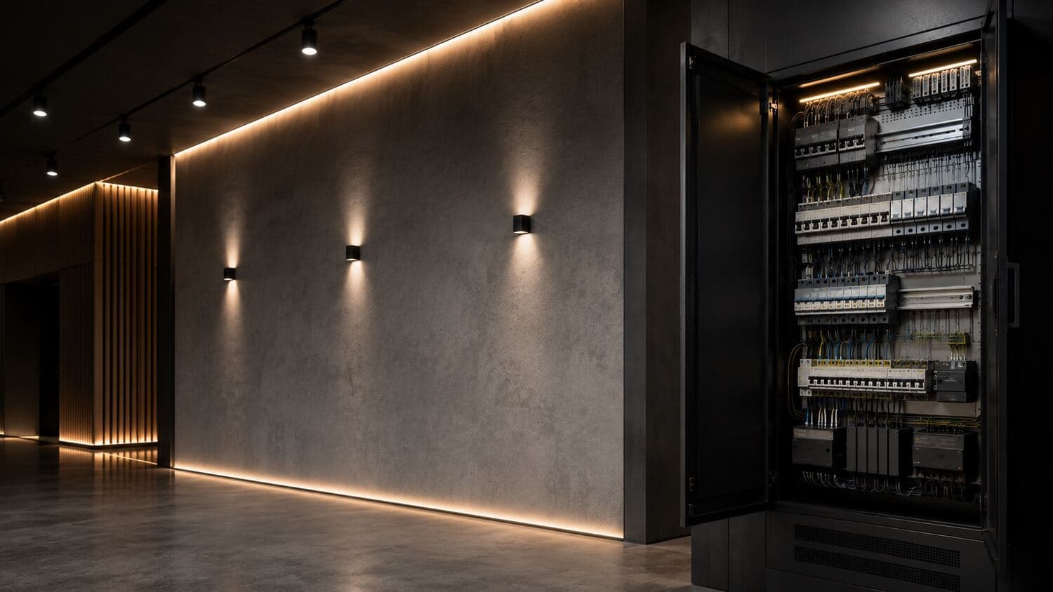 Duvar apliklerı ve gizli LED bant ile aydınlatılmış koridor, yanında elektrik panosu