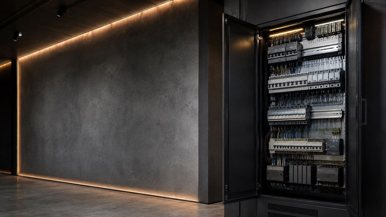 Açık elektrik panosunun bulunduğu, gizli LED aydınlatmalı modern koridor