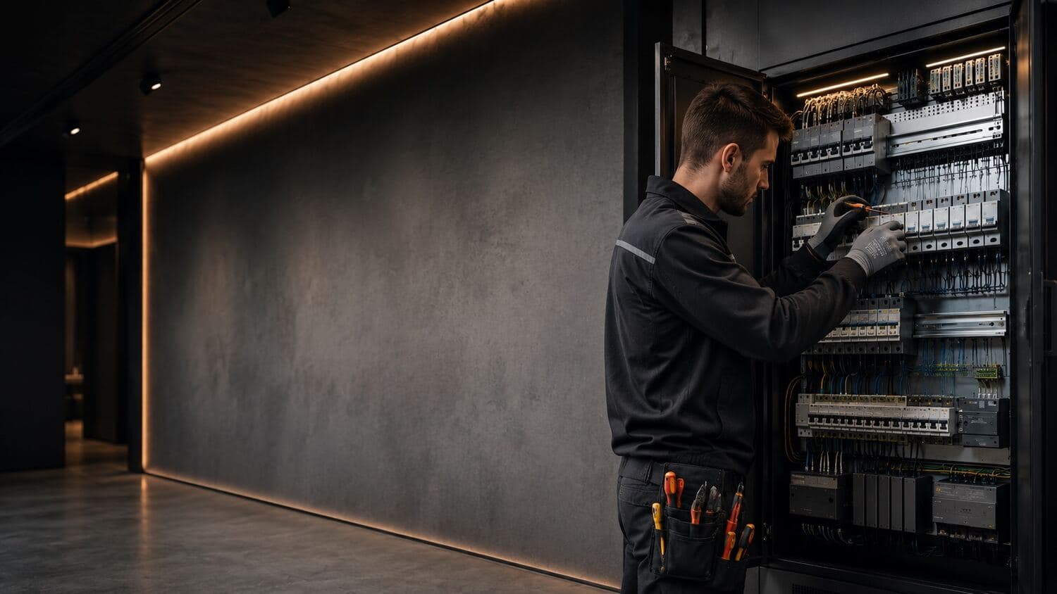 İş kıyafetli elektrik ustası, elektrik panosunda sigorta bağlantısı üzerinde çalışıyor